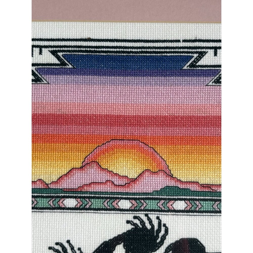 KOKOPELLI BORDER SAMPLER Counted Cross Stitch Completed Framed Sunset 19”x 14” - Picture 5 of 7
